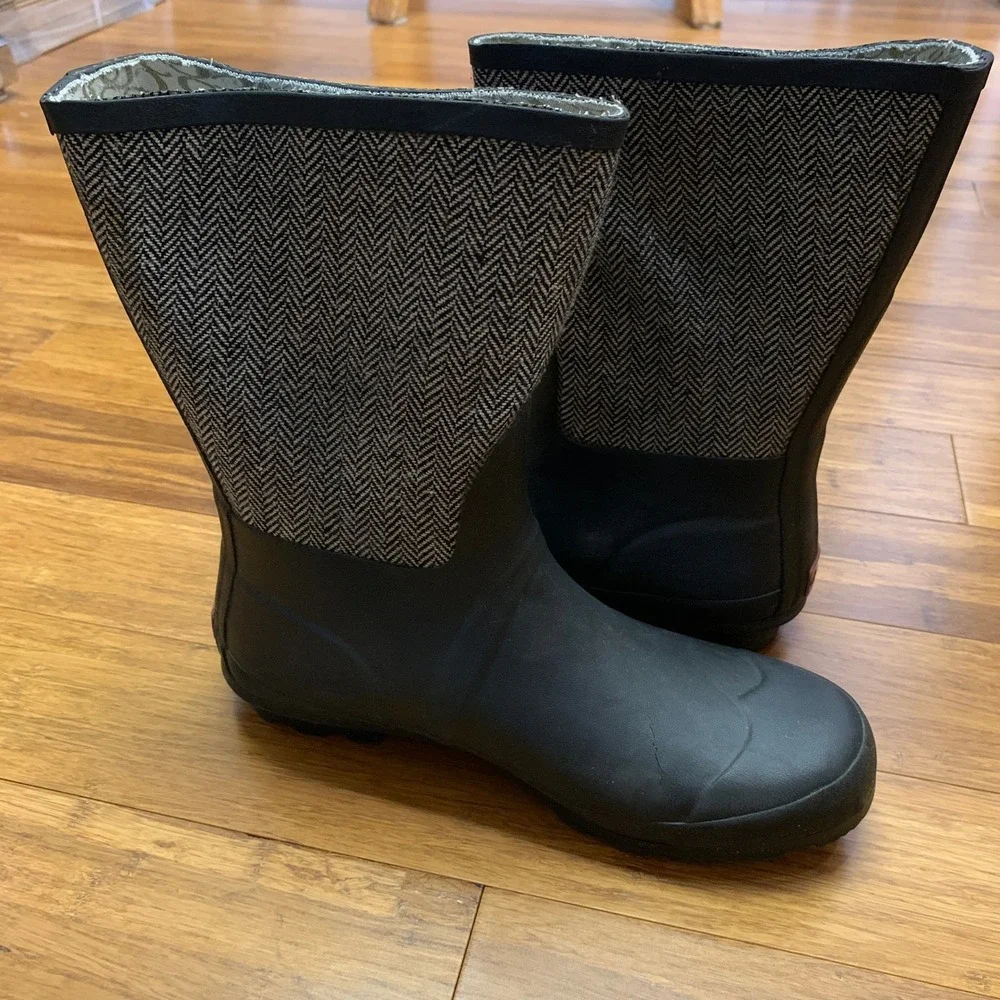 Chooka Classic Mid Cafe‎ Racer Herringbone Black Rain Boots Womens 10 Waterproof